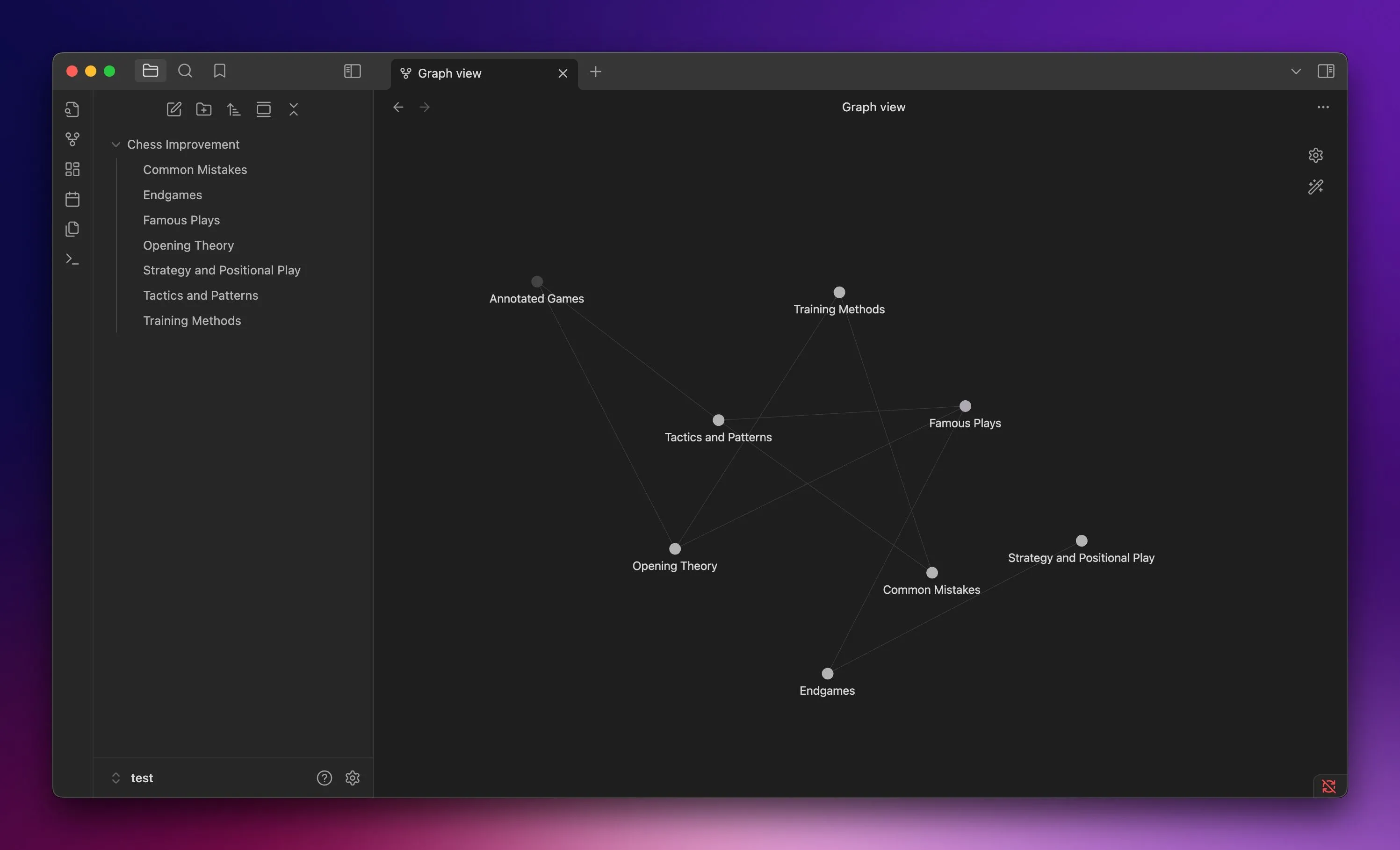 Chế độ Graph View hiển thị mạng lưới ghi chú trong Obsidian trên Mac