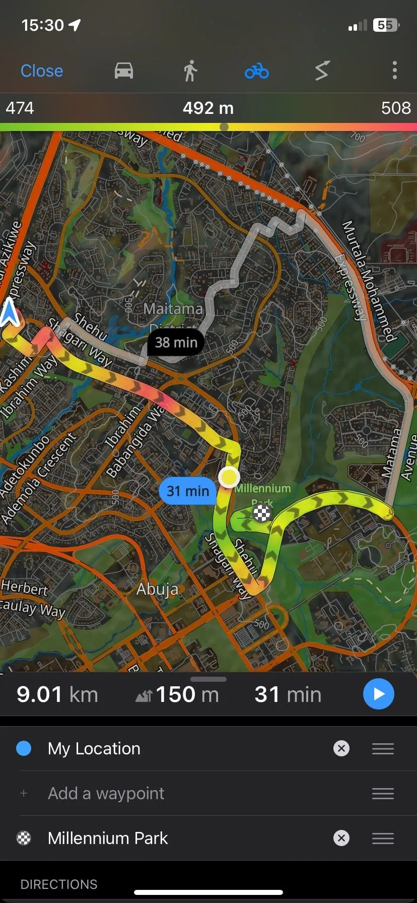 Chỉ đường cho tuyến đường đi xe đạp trên ứng dụng Guru Maps offline