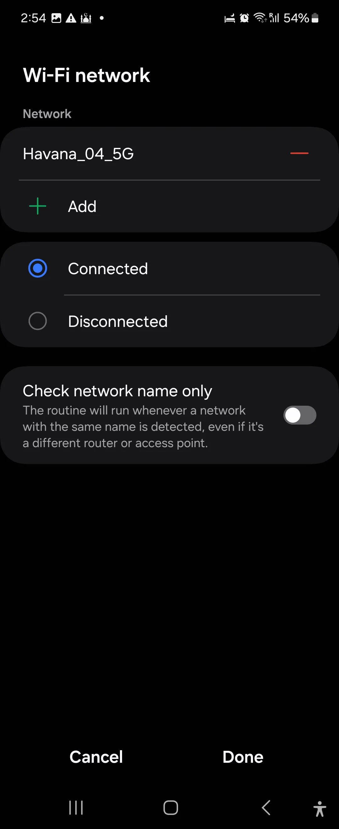 Chọn mạng Wi-Fi để kích hoạt routine trong ứng dụng Samsung Modes and Routines
