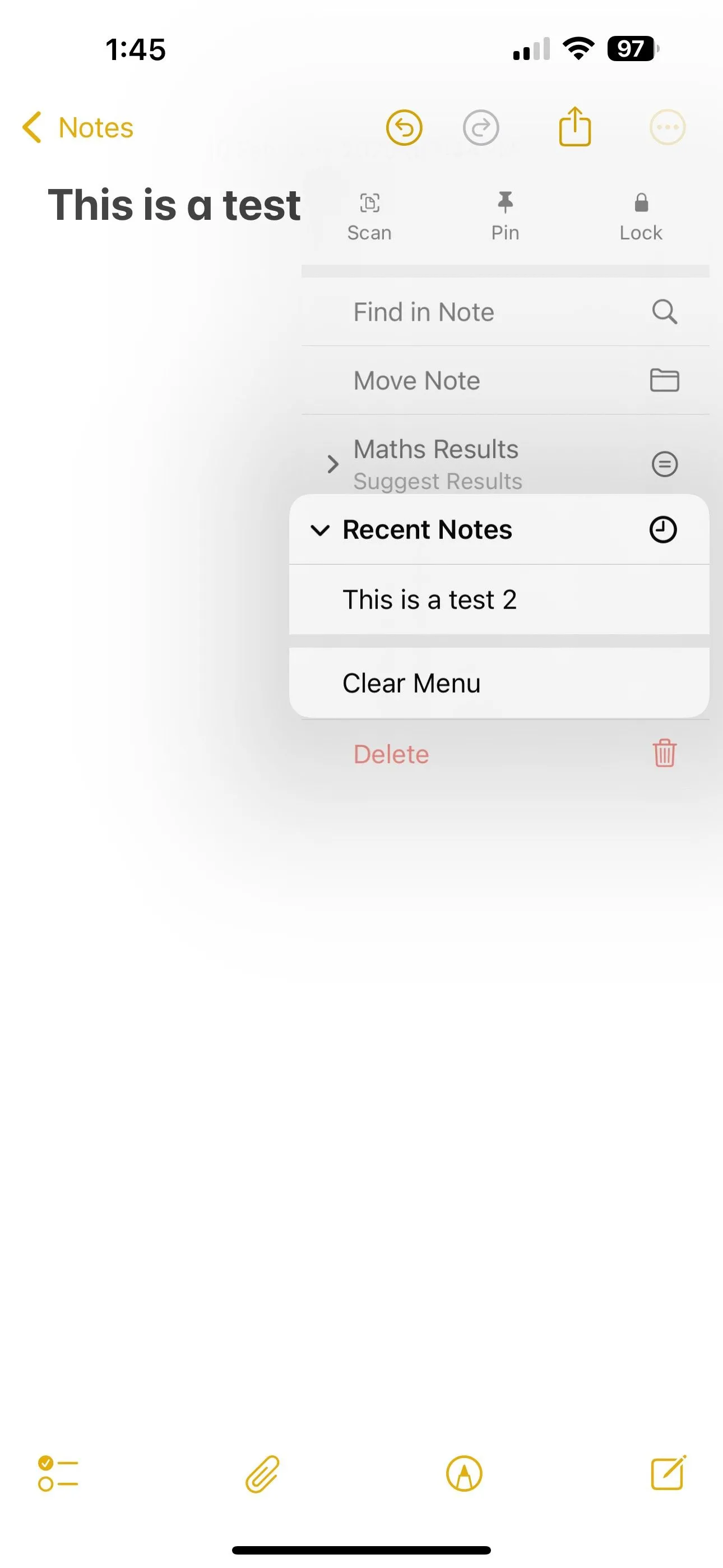 Chọn Xóa Menu để xóa danh sách Ghi chú gần đây trên iPhone Notes