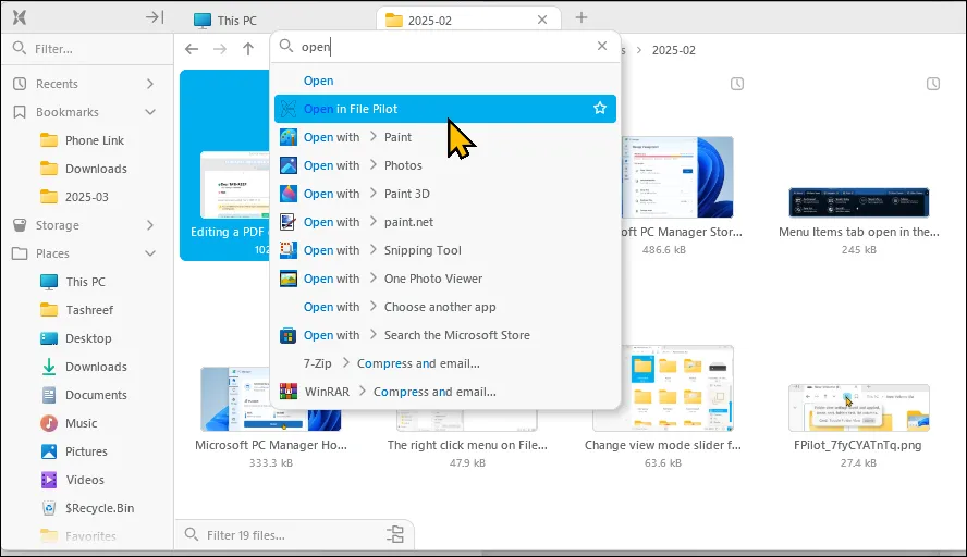 Chức năng tìm kiếm tích hợp trong menu ngữ cảnh của File Pilot giúp tìm và thực hiện lệnh nhanh chóng