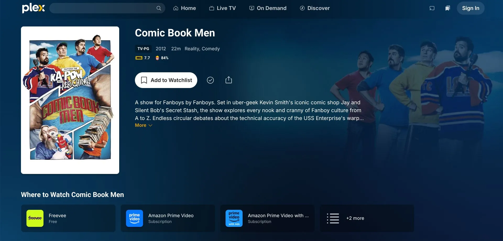 Chương trình &quot;Comic Book Men&quot; trên giao diện Plex và thông báo không khả dụng