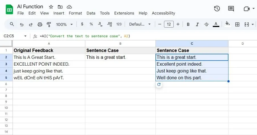 Chuyển đổi hàng loạt ô văn bản sang sentence case dễ dàng với hàm AI trong Google Sheets.