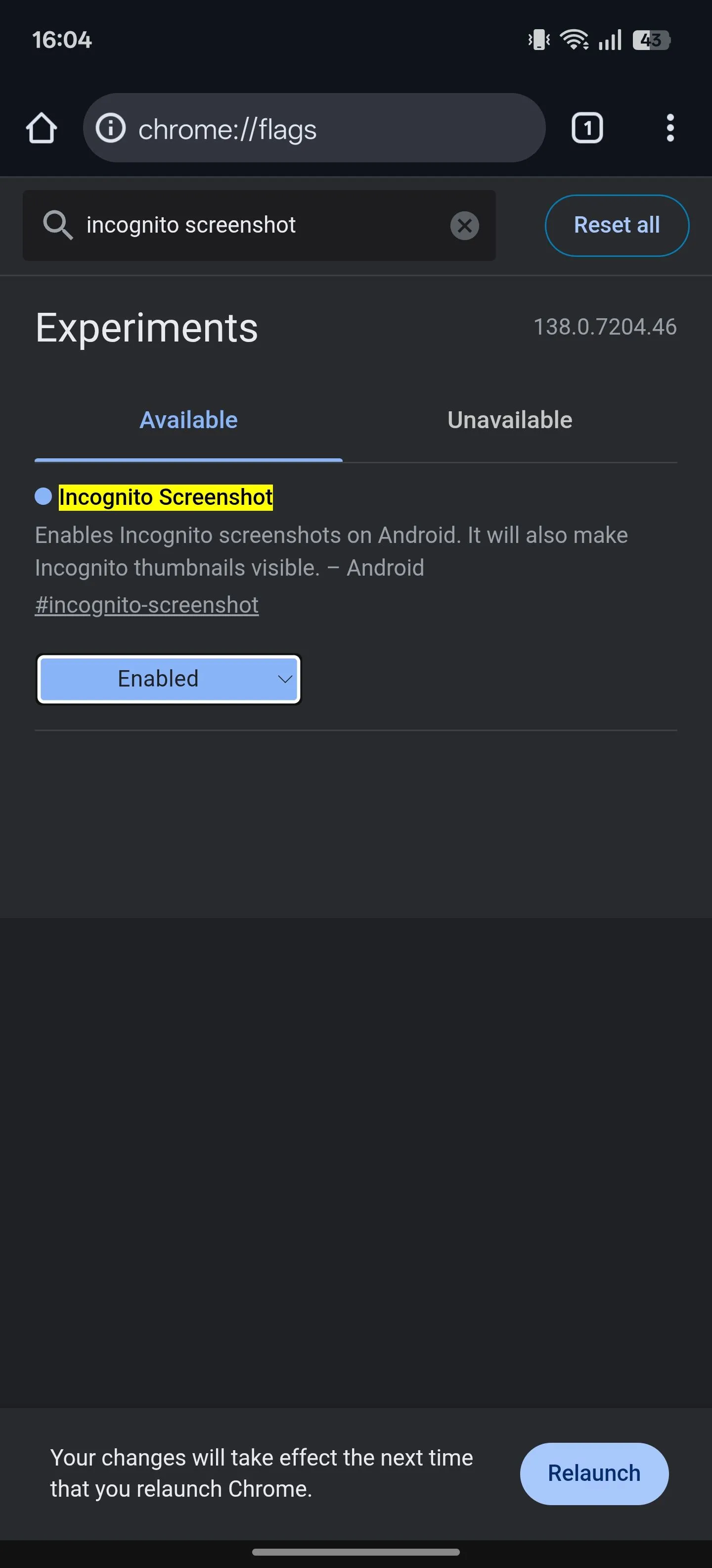 Cờ &quot;Incognito Screenshot&quot; đã được đặt thành &quot;Enabled&quot; (Đã bật) trên Chrome Android, cho phép người dùng chụp ảnh màn hình trong chế độ ẩn danh.
