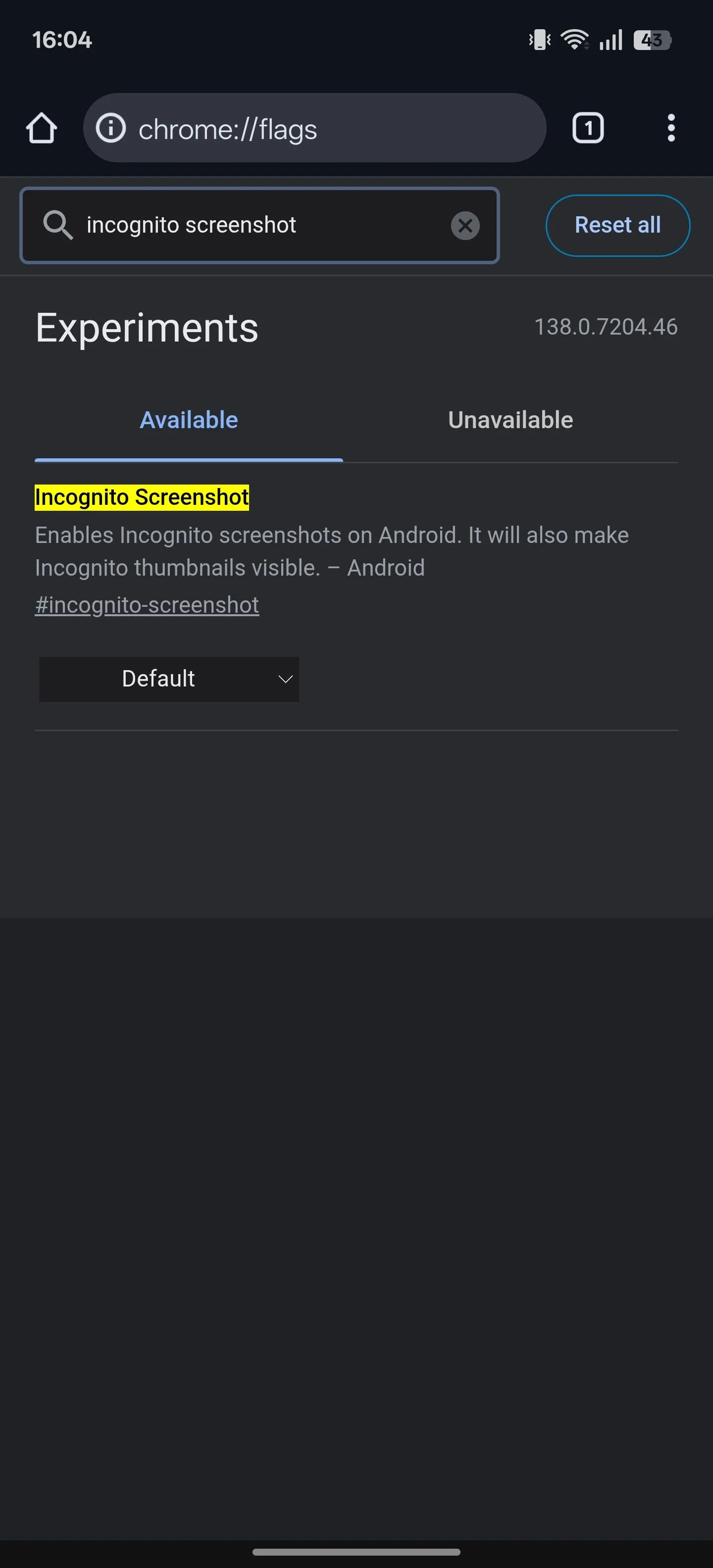 Cờ &quot;Incognito Screenshot&quot; trên trang Chrome Flags, cho phép kích hoạt tính năng chụp màn hình trong chế độ ẩn danh.
