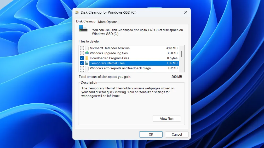 Công cụ Disk Cleanup trong Windows hiển thị các loại tệp có thể xóa để giải phóng dung lượng
