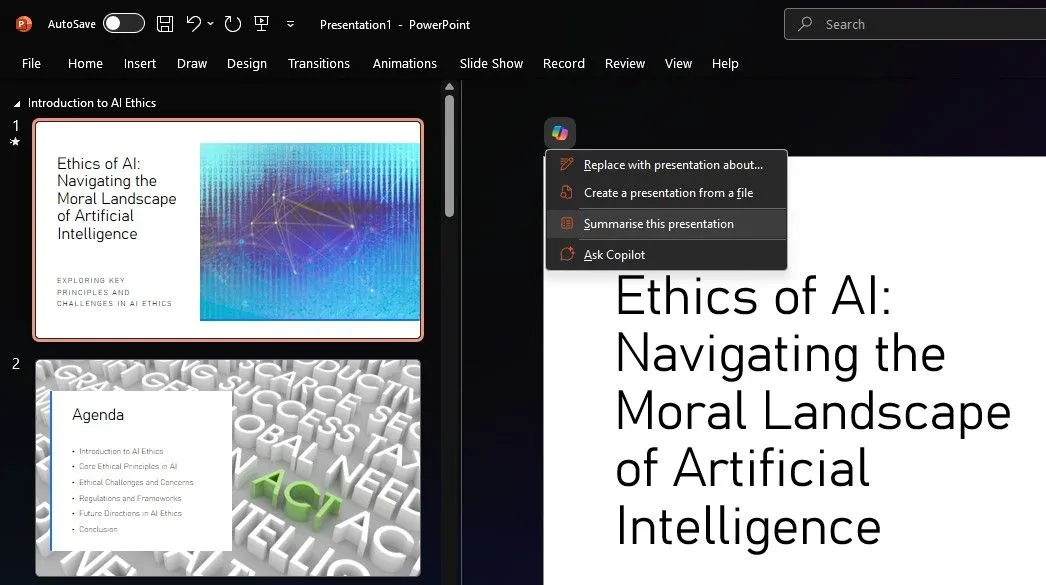 Copilot hỗ trợ tóm tắt bài thuyết trình trong PowerPoint