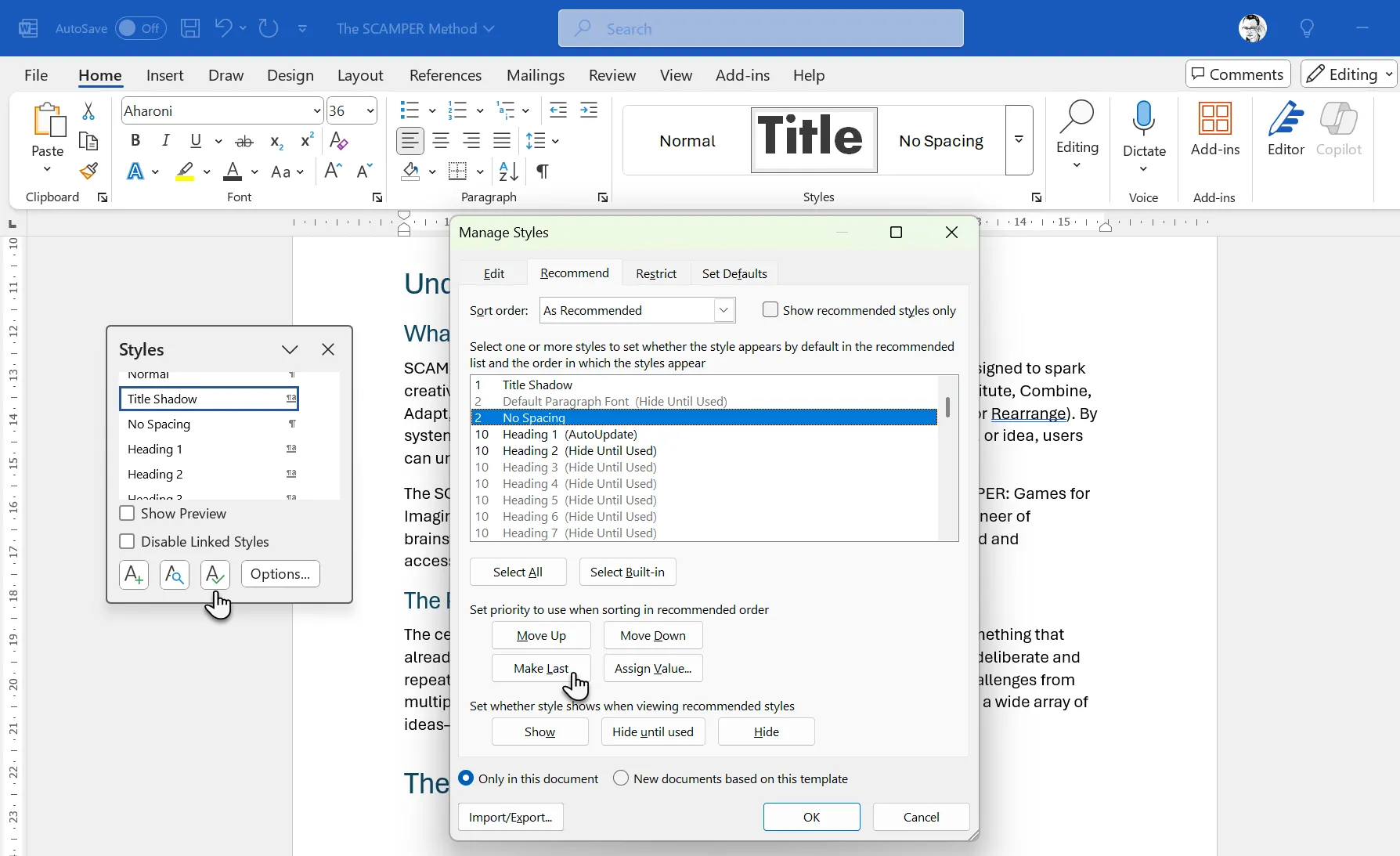 Cửa sổ Manage Styles (Quản lý Style) trong Microsoft Word, cho phép sắp xếp lại thứ tự và quản lý các style đã lưu.