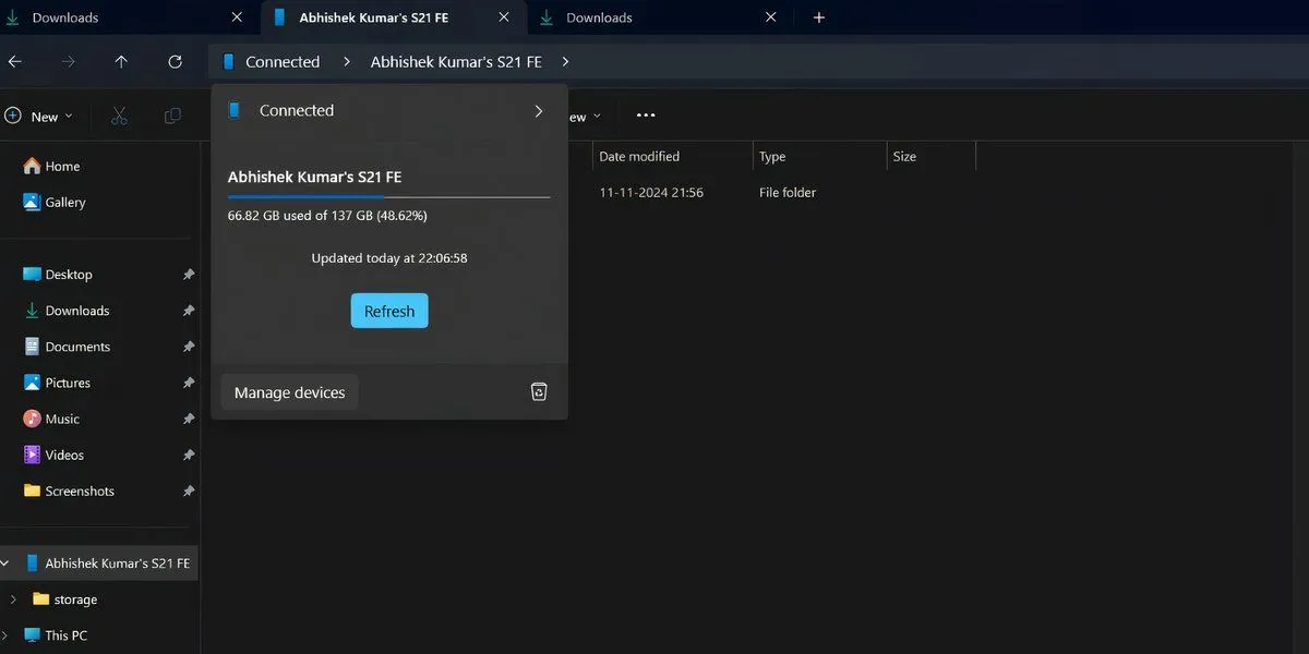 Cửa sổ pop-up hiển thị trạng thái kết nối điện thoại Android trong File Explorer của Windows 11.