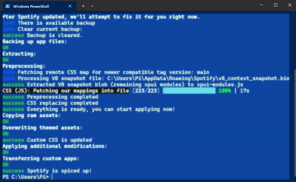 Cửa sổ PowerShell hiển thị quá trình cập nhật và áp dụng Spicetify trên Windows.