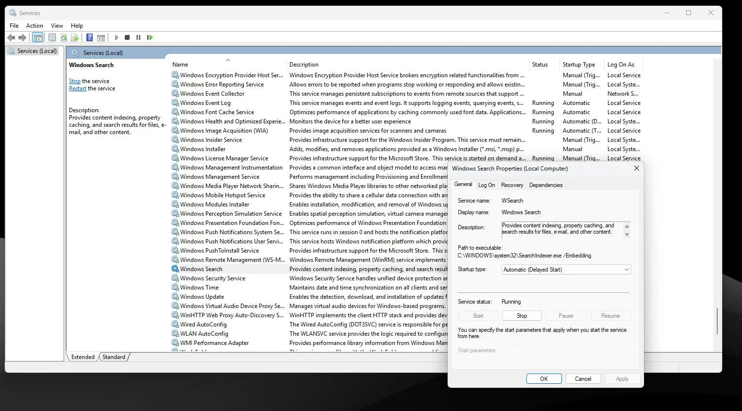 Cửa sổ Quản lý Dịch vụ Windows hiển thị thuộc tính dịch vụ đang mở