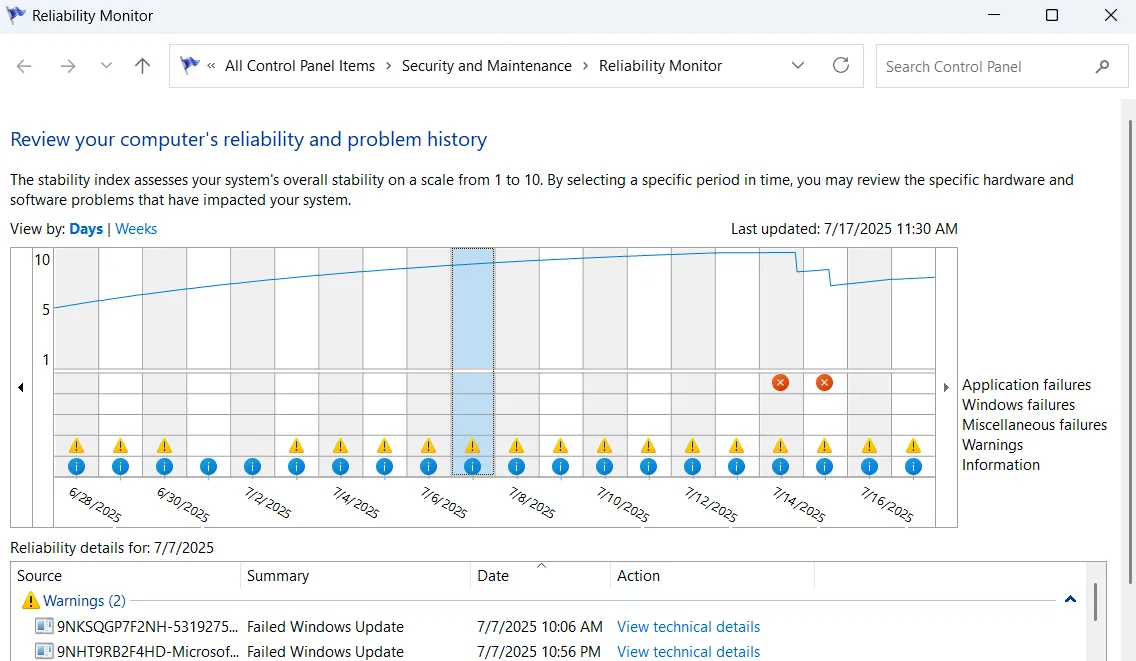 Cửa sổ Reliability Monitor trong Windows 11