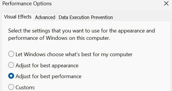 Cửa sổ Tùy chọn Hiệu suất trên Windows với cài đặt hiệu ứng hình ảnh được điều chỉnh để đạt hiệu suất tốt nhất.