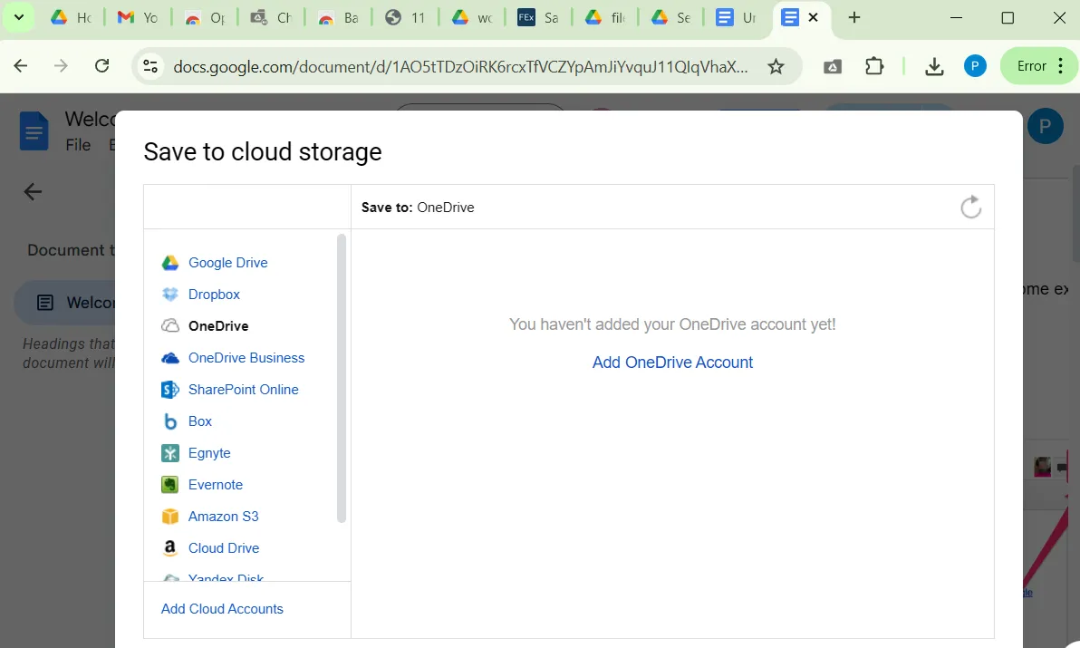 Cửa sổ tùy chọn lưu vào các dịch vụ đám mây khác trong trình duyệt Chrome