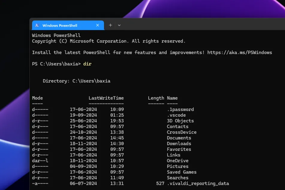 Cửa sổ Windows PowerShell với giao diện màu xanh đặc trưng trên Windows 11
