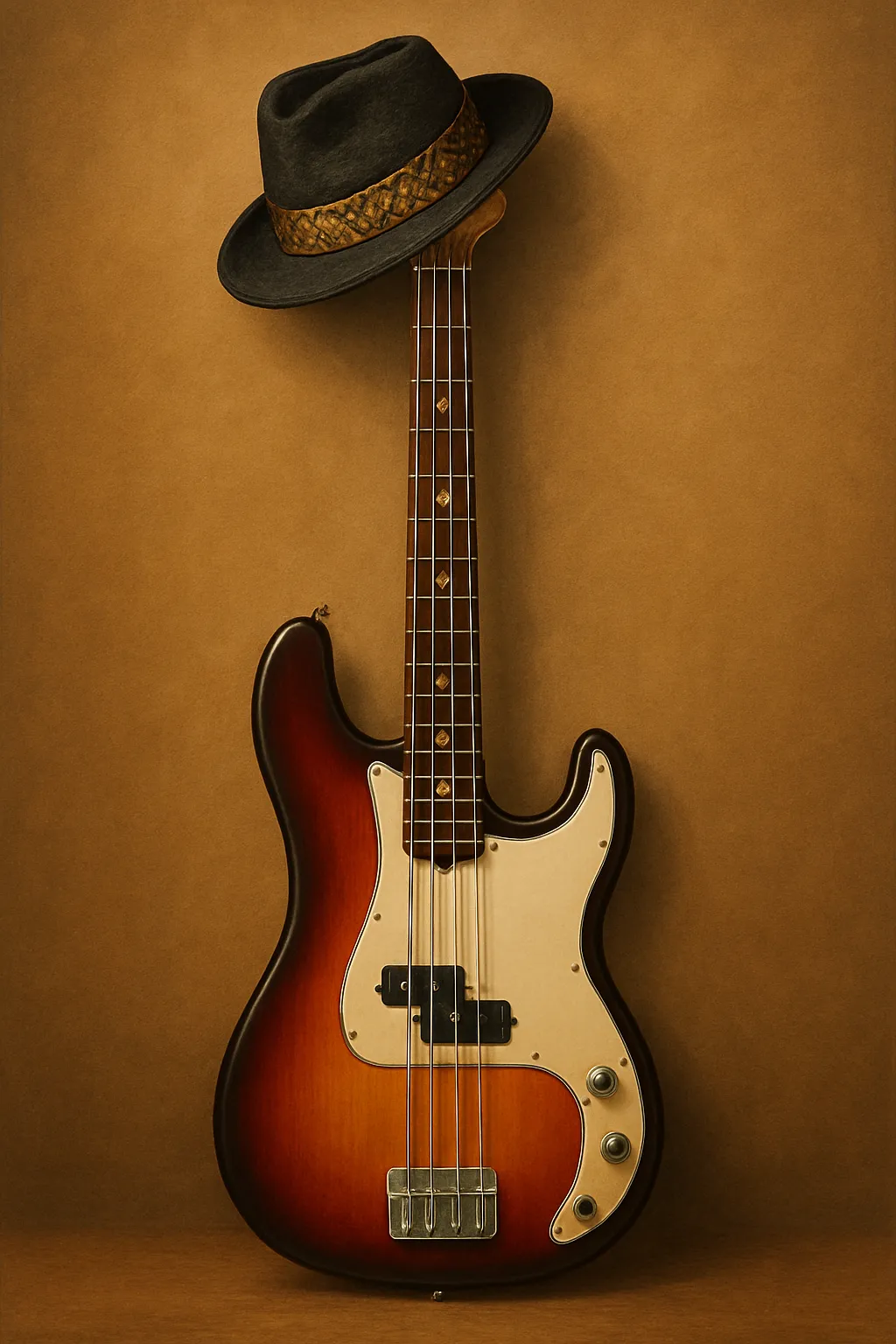 Đàn guitar bass đặt cạnh mũ phớt đen phong cách trên nền sách