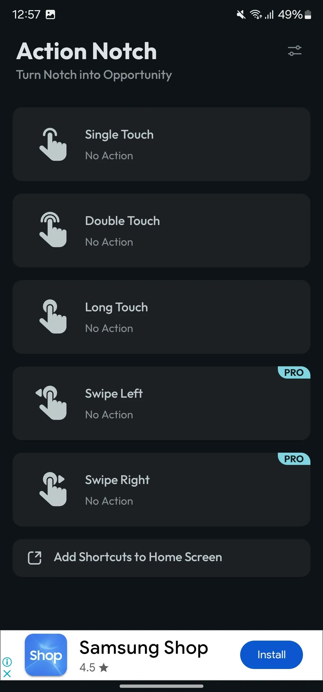 Danh sách các cử chỉ chạm trên Action Notch để tùy chỉnh hành động