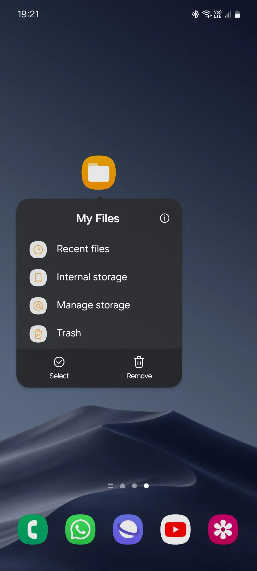 Danh sách các phím tắt của ứng dụng Tệp của tôi (Samsung My Files), bao gồm truy cập tệp gần đây