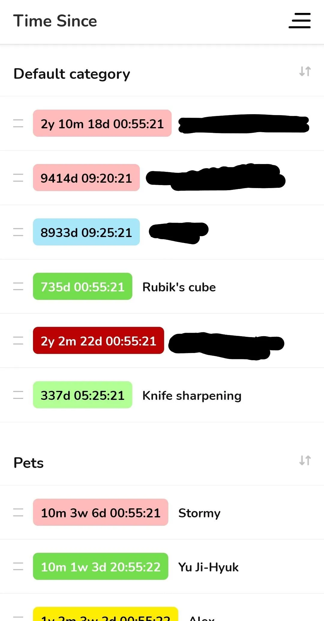 Danh sách các sự kiện được theo dõi trong ứng dụng Time Since