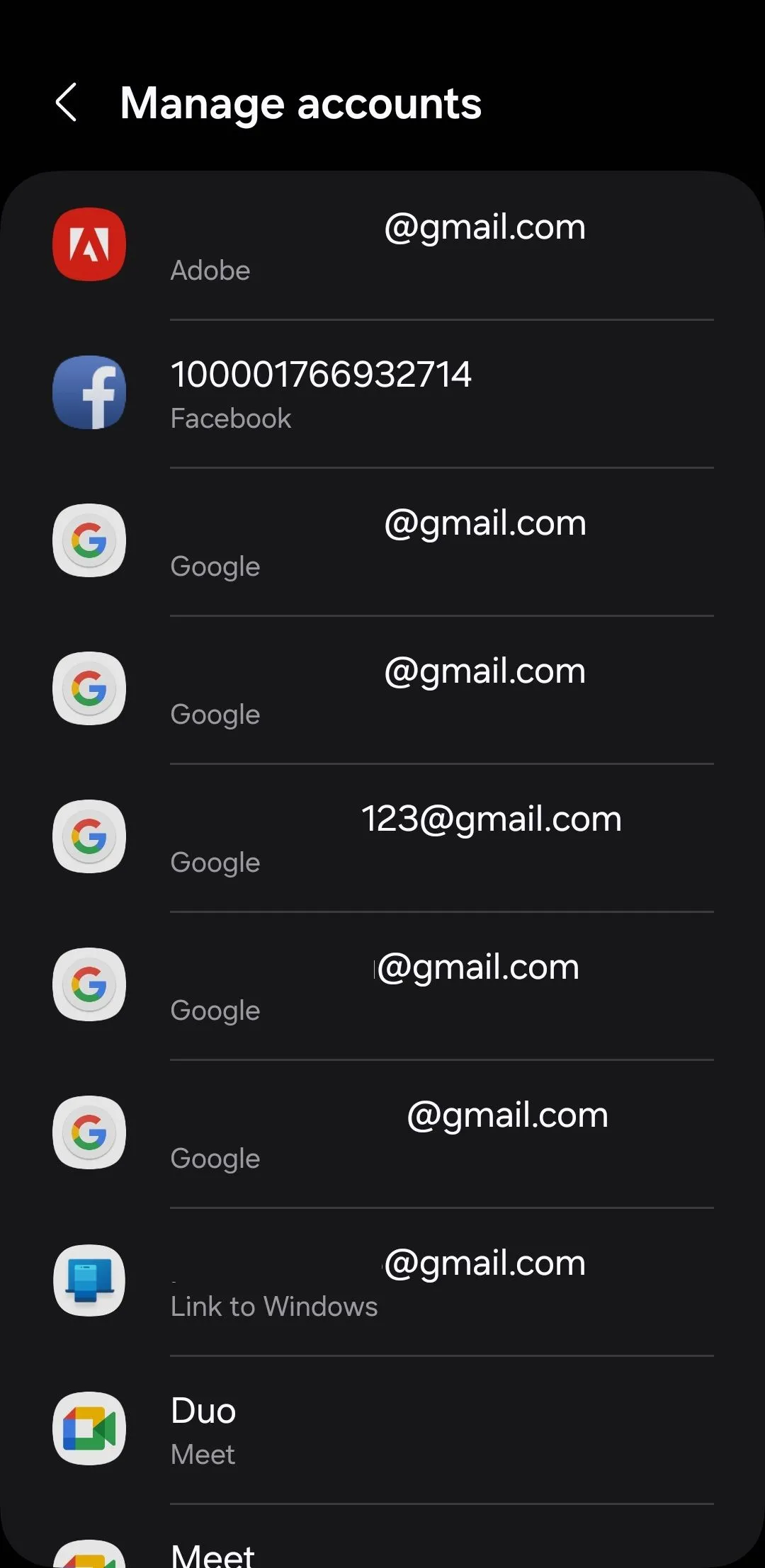 Danh sách các tài khoản đang được đồng bộ hóa trên điện thoại Android