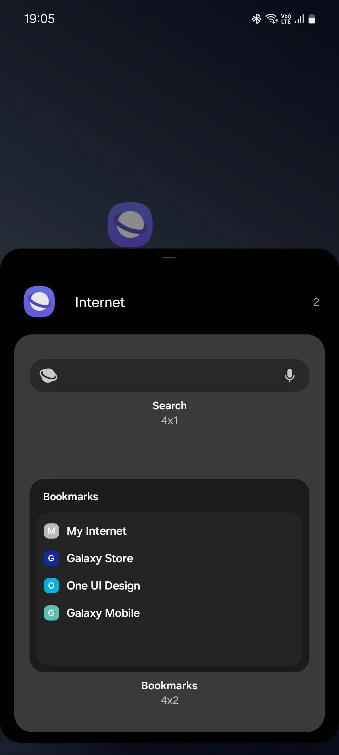 Danh sách các widget có sẵn của trình duyệt Samsung Internet để thêm vào màn hình chính