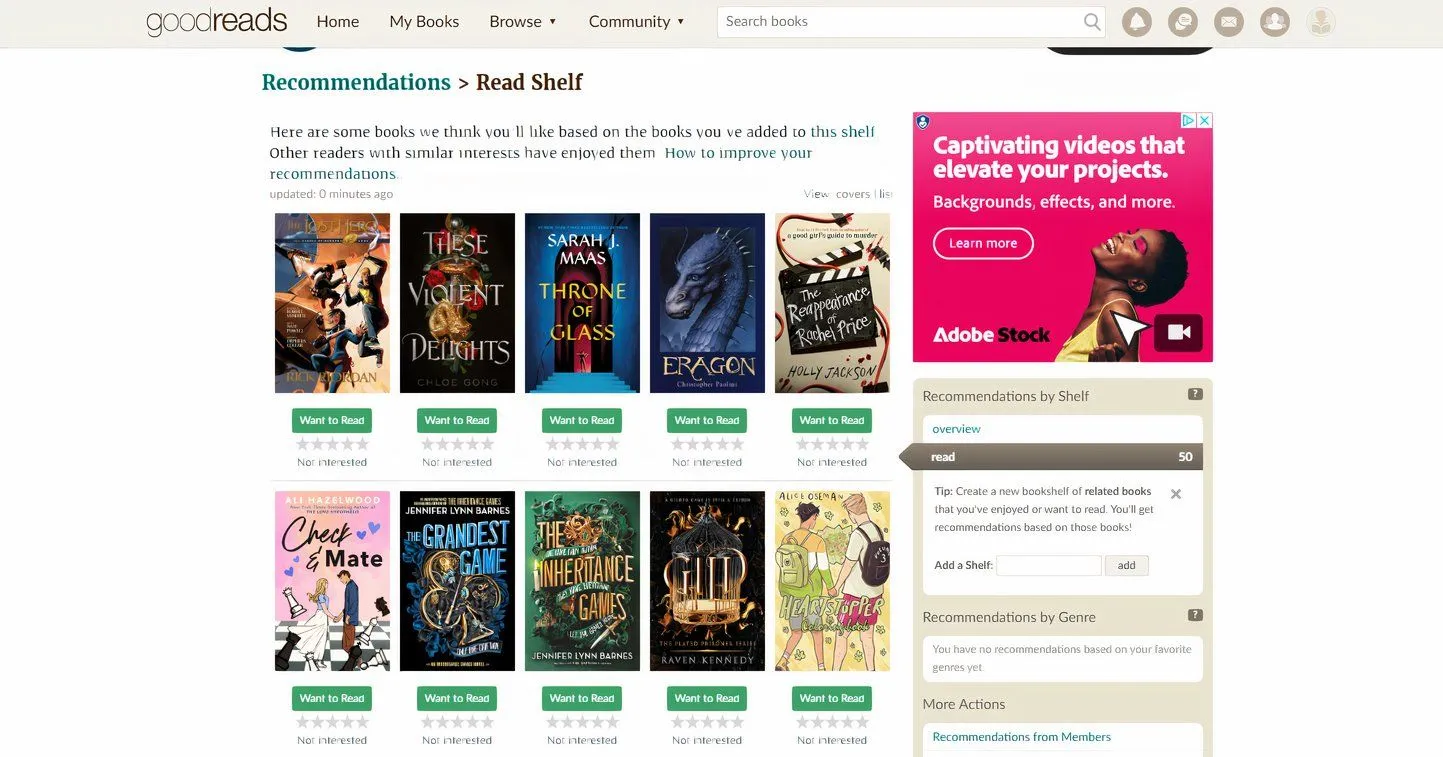 Danh sách gợi ý sách từ Goodreads, thể hiện sự đa dạng nhưng cũng dễ gây choáng ngợp cho người đọc.