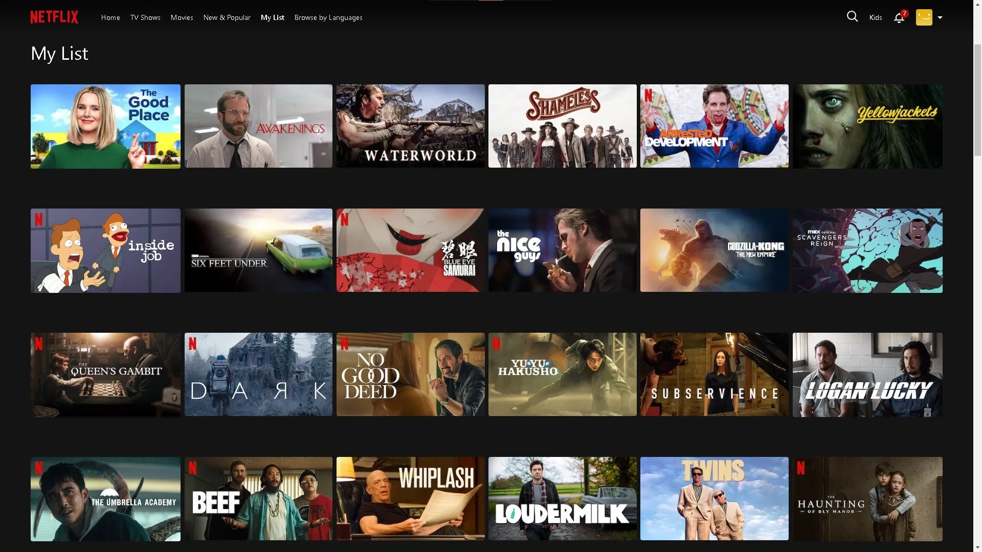 Danh sách "My List" trên giao diện Netflix hiển thị các bộ phim và chương trình TV đã thêm.
