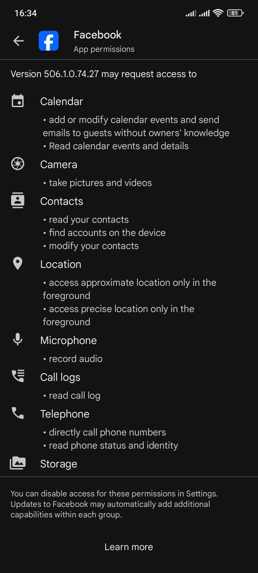 Danh sách quyền truy cập của ứng dụng Facebook trên Google Play Store