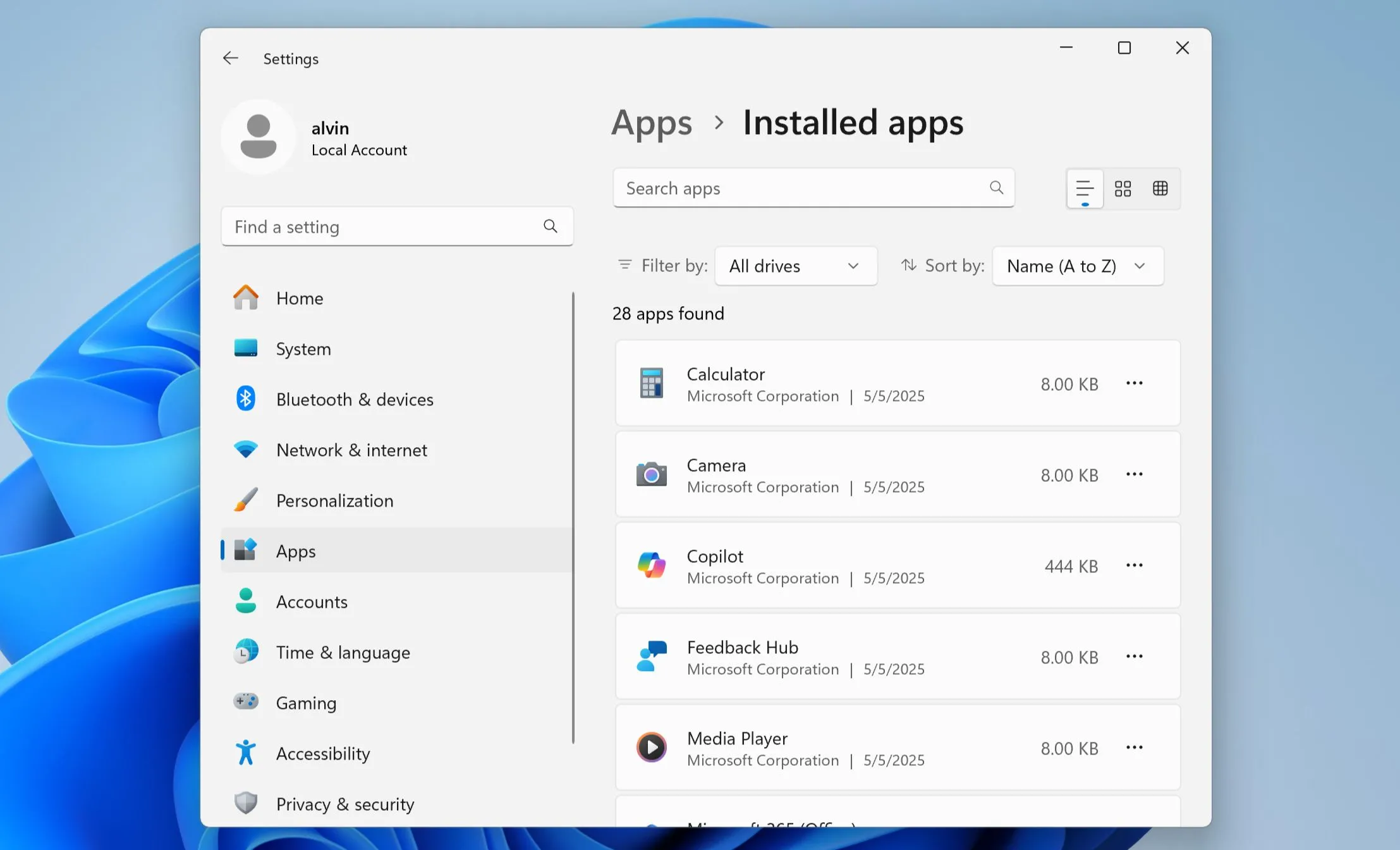 Danh sách ứng dụng đã cài đặt trong Cài đặt Windows 11