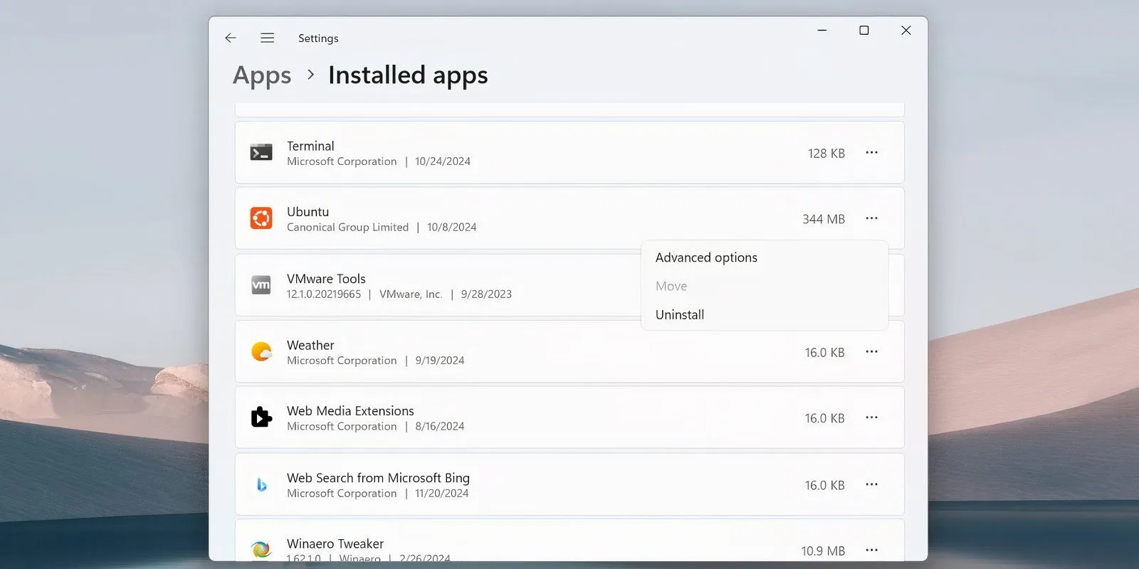 Danh sách ứng dụng đã cài đặt với tùy chọn gỡ cài đặt Ubuntu trên Windows