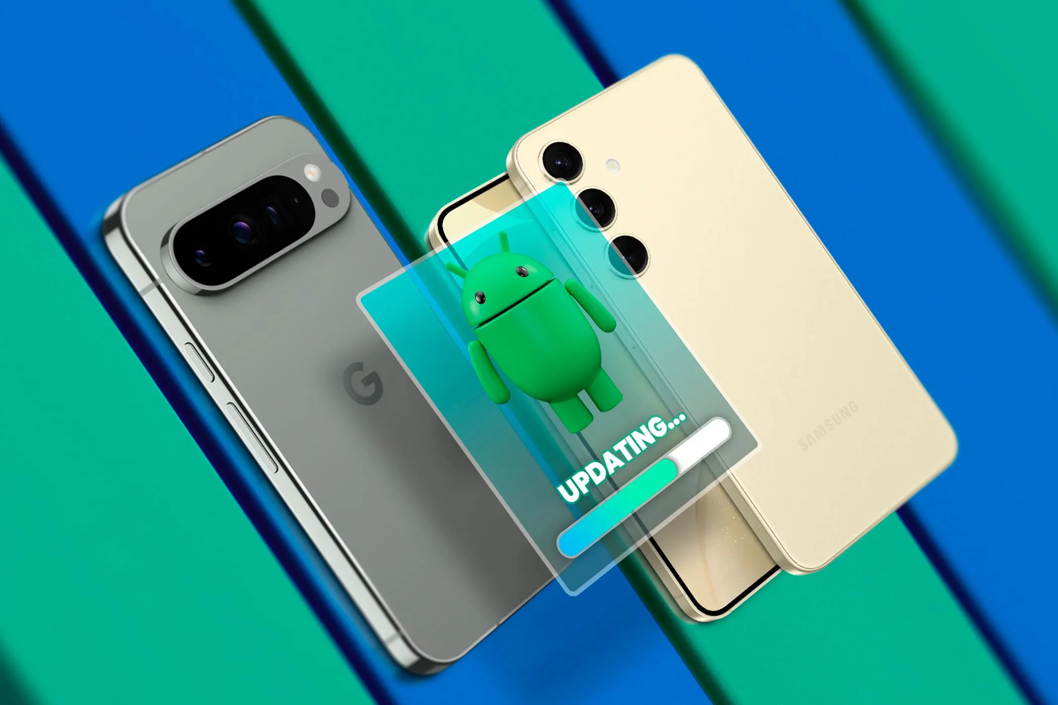 Điện thoại Google Pixel và Samsung Galaxy hiển thị hình ảnh cập nhật Android