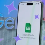 Điện thoại hiển thị logo Google Sheets và biểu tượng Gemini, minh họa tính năng AI trong bảng tính.