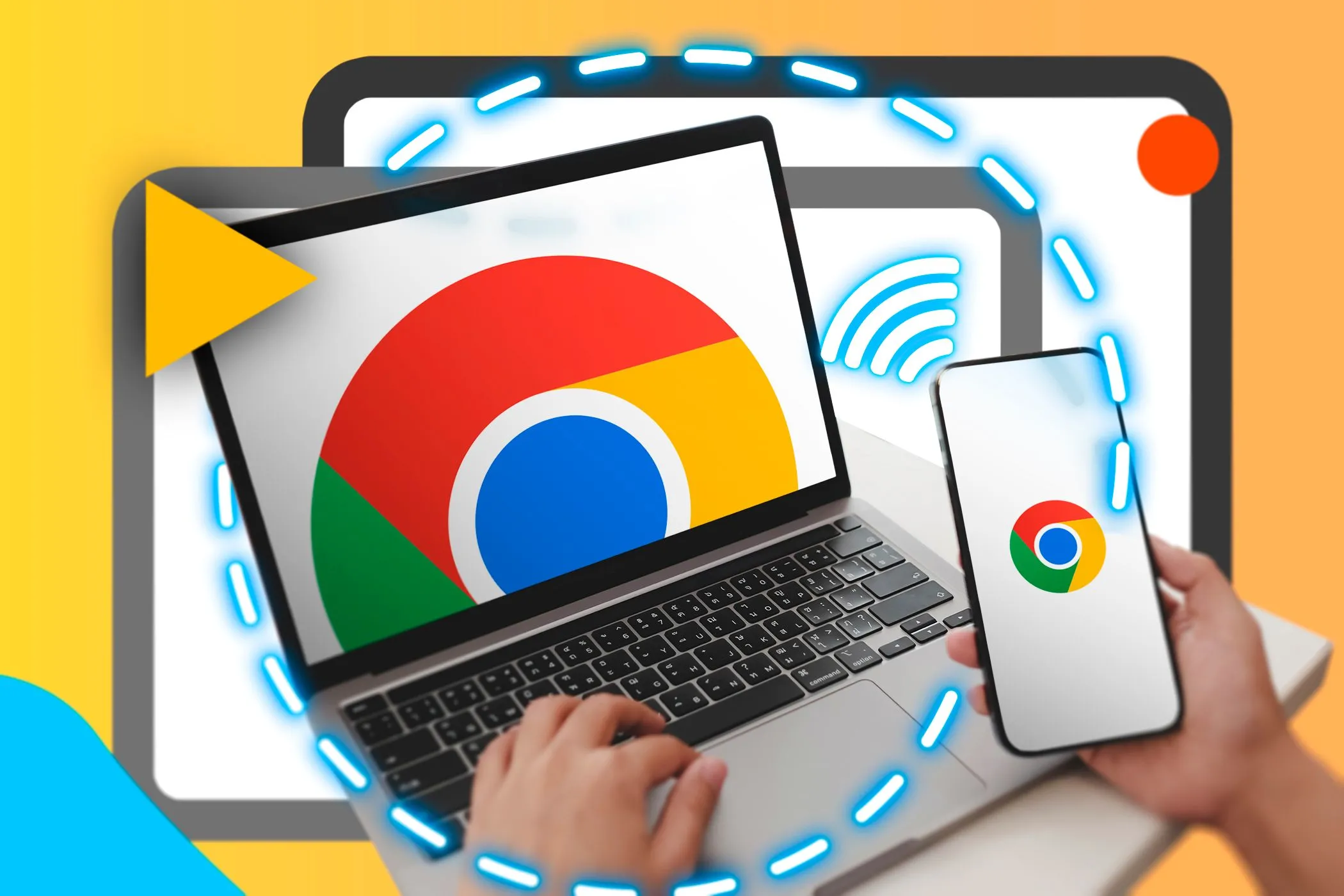 Điện thoại thông minh và laptop hiển thị logo Google Chrome, tượng trưng cho khả năng đồng bộ dữ liệu và sự phổ biến của trình duyệt này trên nhiều thiết bị.