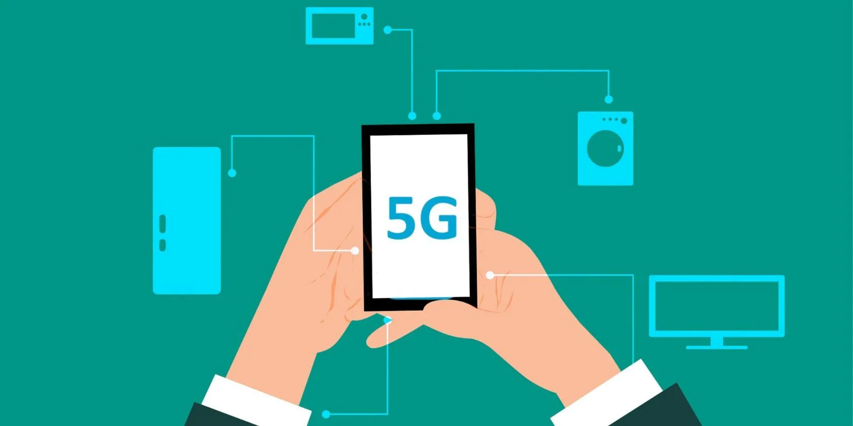 Đồ họa kỹ thuật số mô tả một người dùng điện thoại 5G với nhiều điểm kết nối, minh họa tốc độ vượt trội của công nghệ 5G.