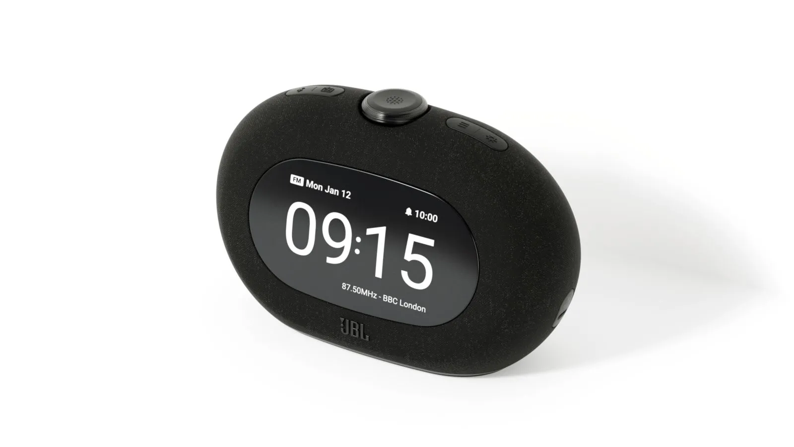 Đồng hồ báo thức thông minh JBL Horizon 3 màu đen, tích hợp loa Bluetooth và màn hình hiển thị lớn.