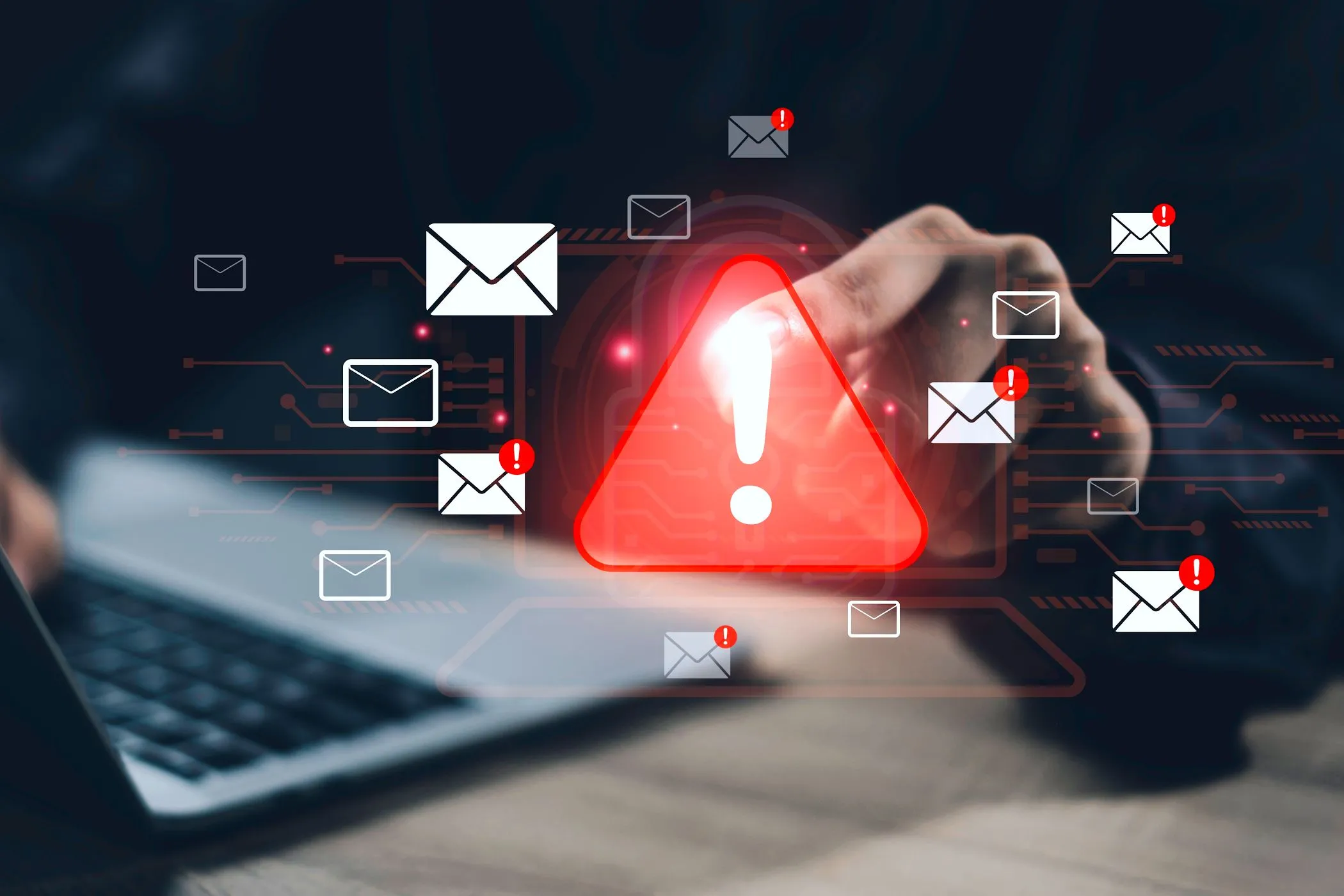 Email lừa đảo (phishing) với các cảnh báo và biểu tượng email nguy hiểm