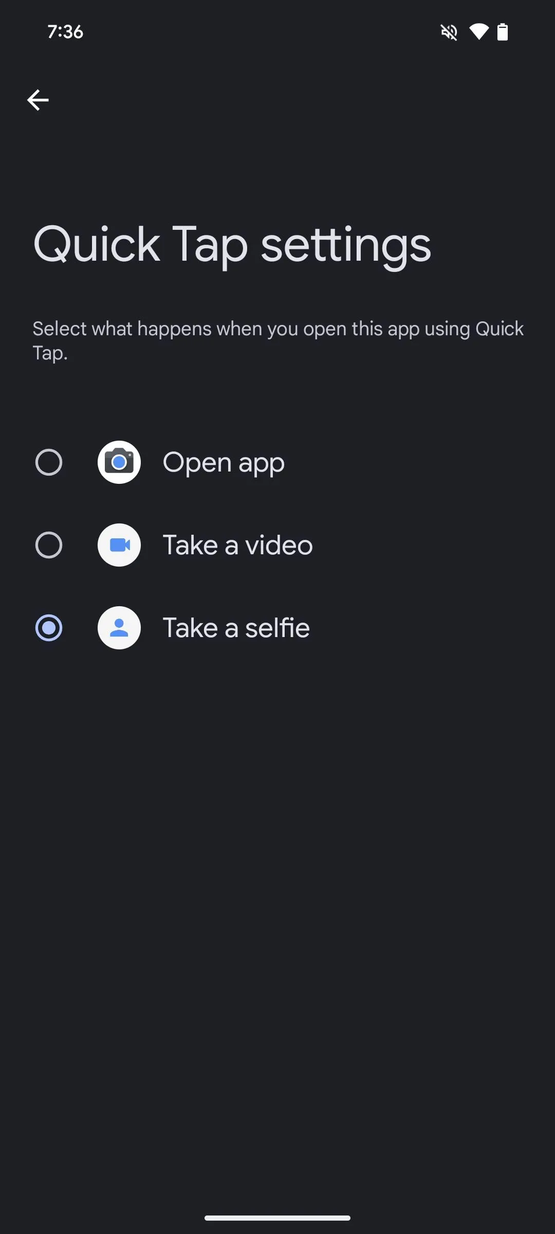 Gán hành động Chạm nhanh để mở ứng dụng Camera ở chế độ selfie trên điện thoại Pixel.