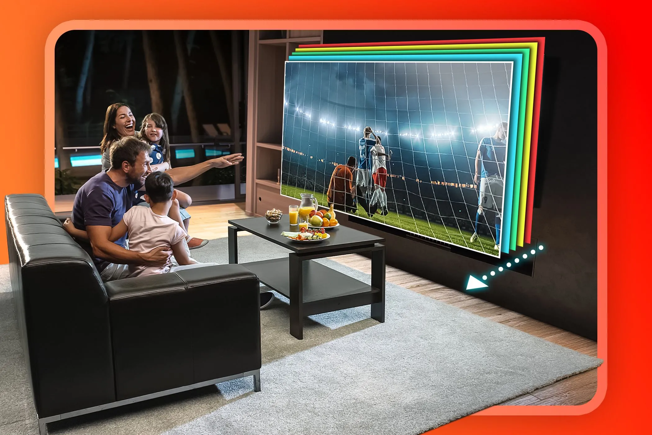 Gia đình xem TV với hình ảnh mượt mà nhờ tần số quét cao, phù hợp cho xem thể thao và chơi game