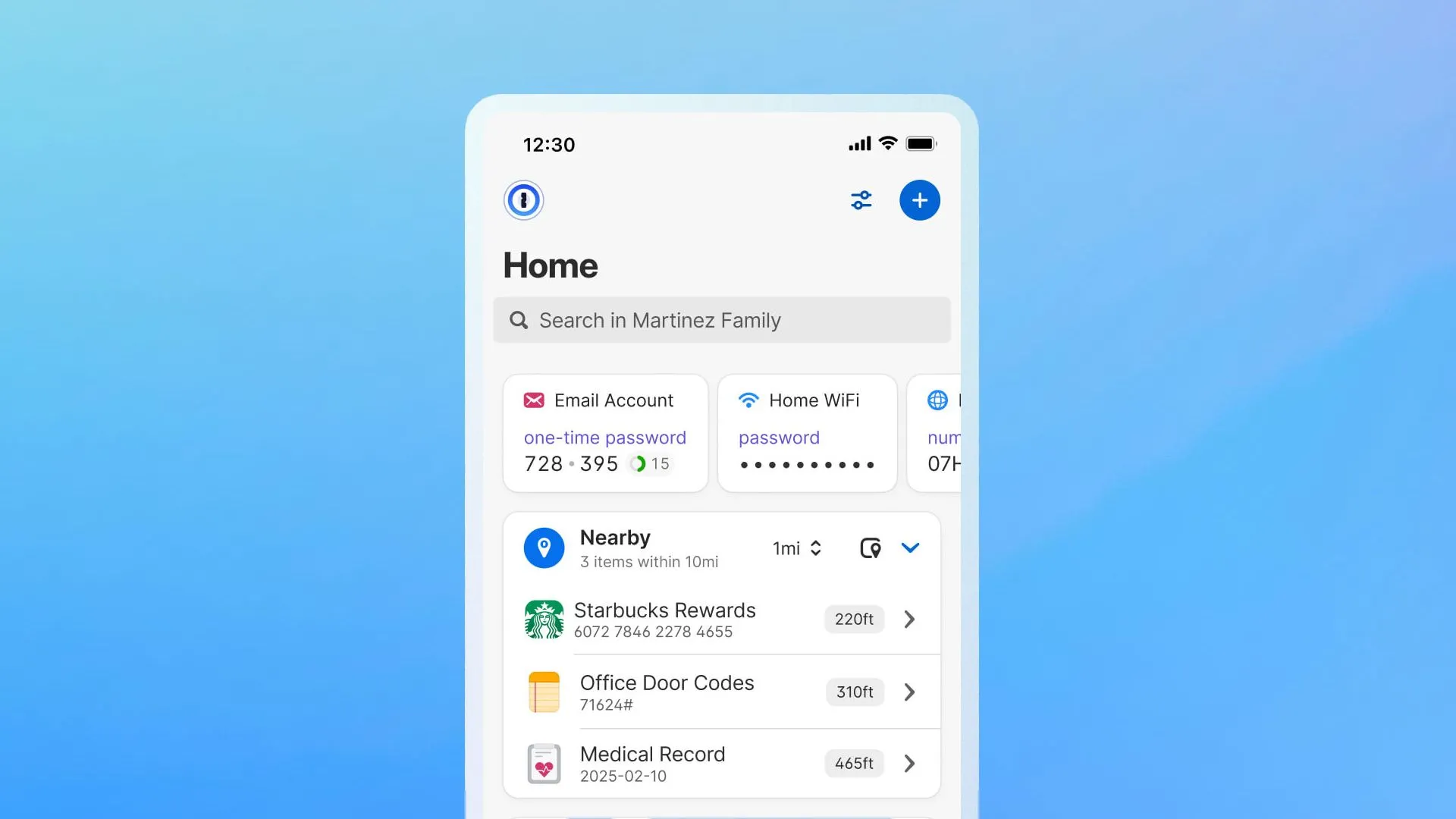 Giao diện 1Password với các mục được phân loại theo vị trí
