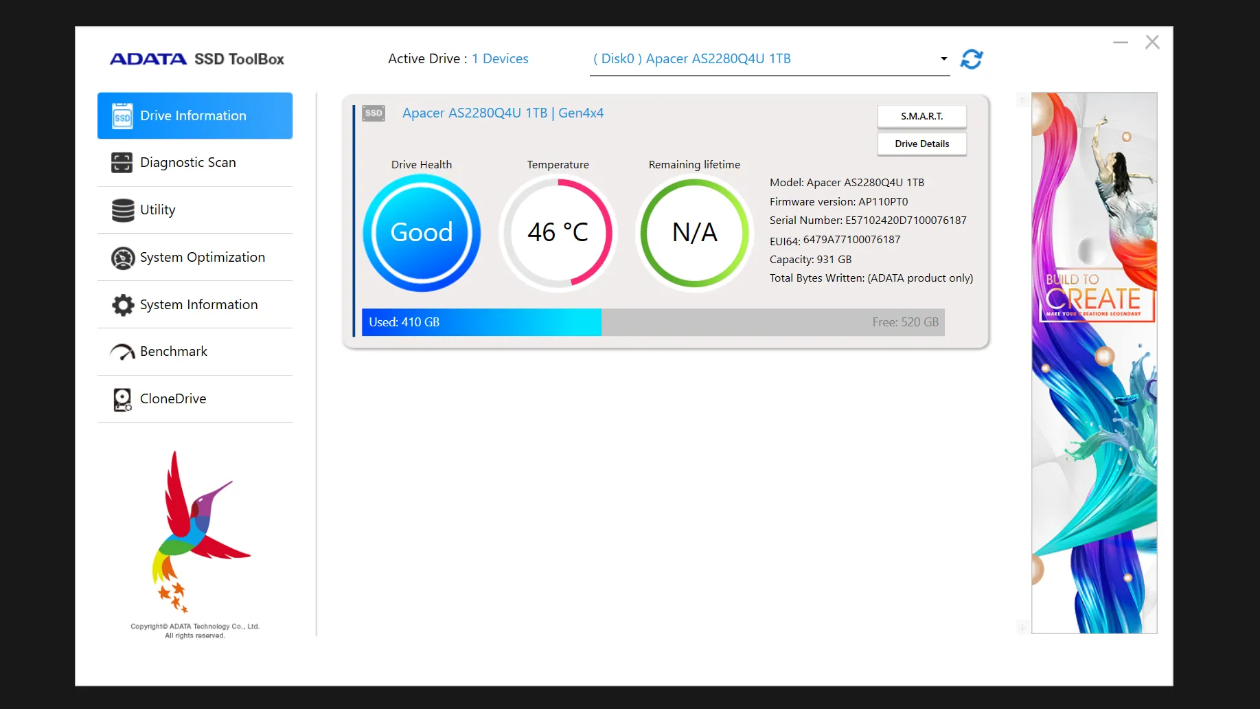 Giao diện ADATA SSD Toolbox hiển thị tình trạng sức khỏe ổ SSD NVMe