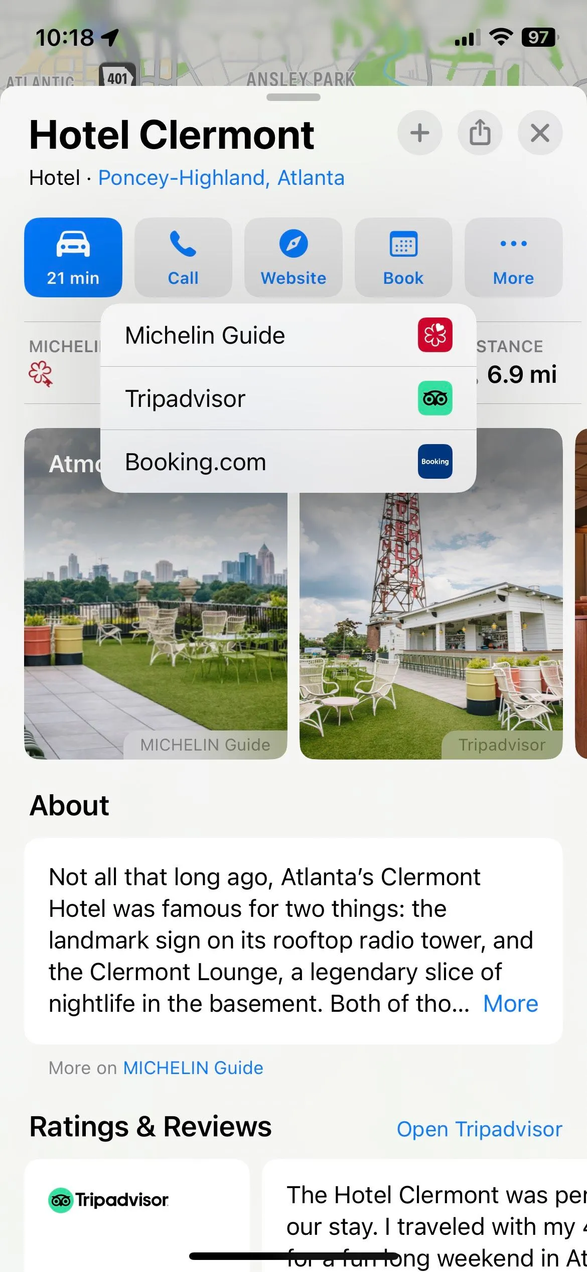 Giao diện Apple Maps tích hợp Michelin Guide, cho phép xem thông tin và đặt phòng khách sạn đạt chuẩn Michelin.