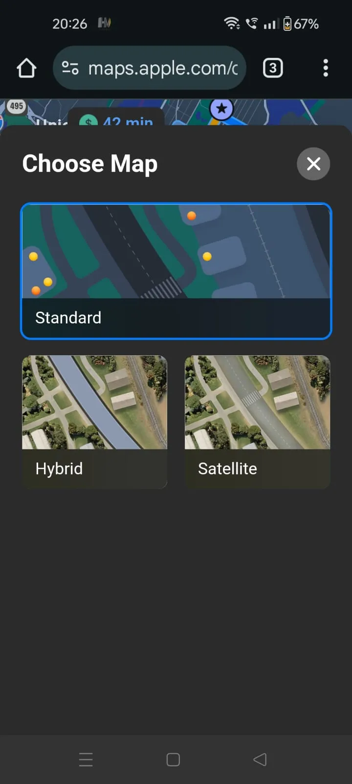 Giao diện Apple Maps trên web với chế độ vệ tinh và hỗn hợp