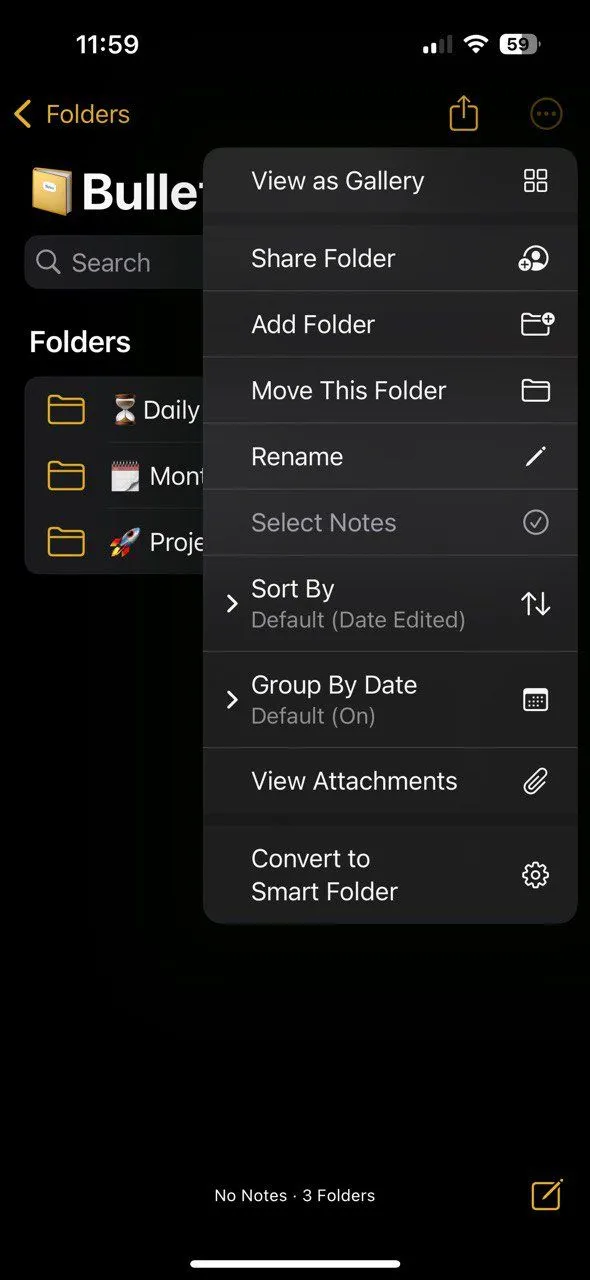 Giao diện Apple Notes hiển thị các ghi chú được tổ chức trong thư mục Bullet Journal, giúp dễ dàng quản lý và tìm kiếm.