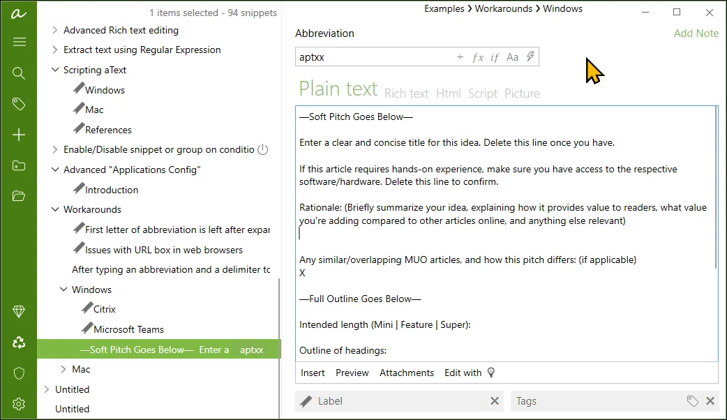 Giao diện aText trên Windows 11