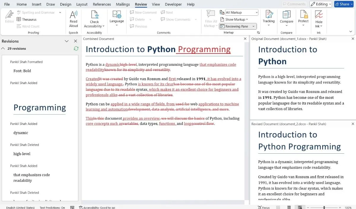 Giao diện ba khung hiển thị kết quả so sánh hai tài liệu về Python trong Word, với các thay đổi được đánh dấu
