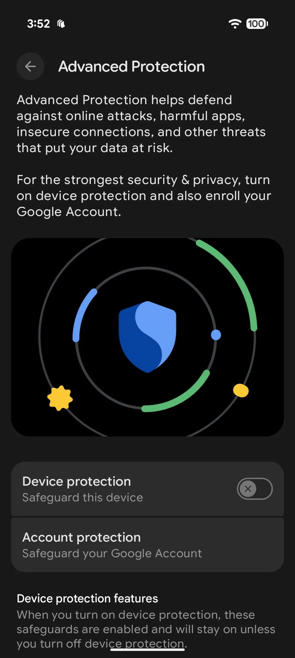 Giao diện bật Advanced Protection Mode trên Android 16