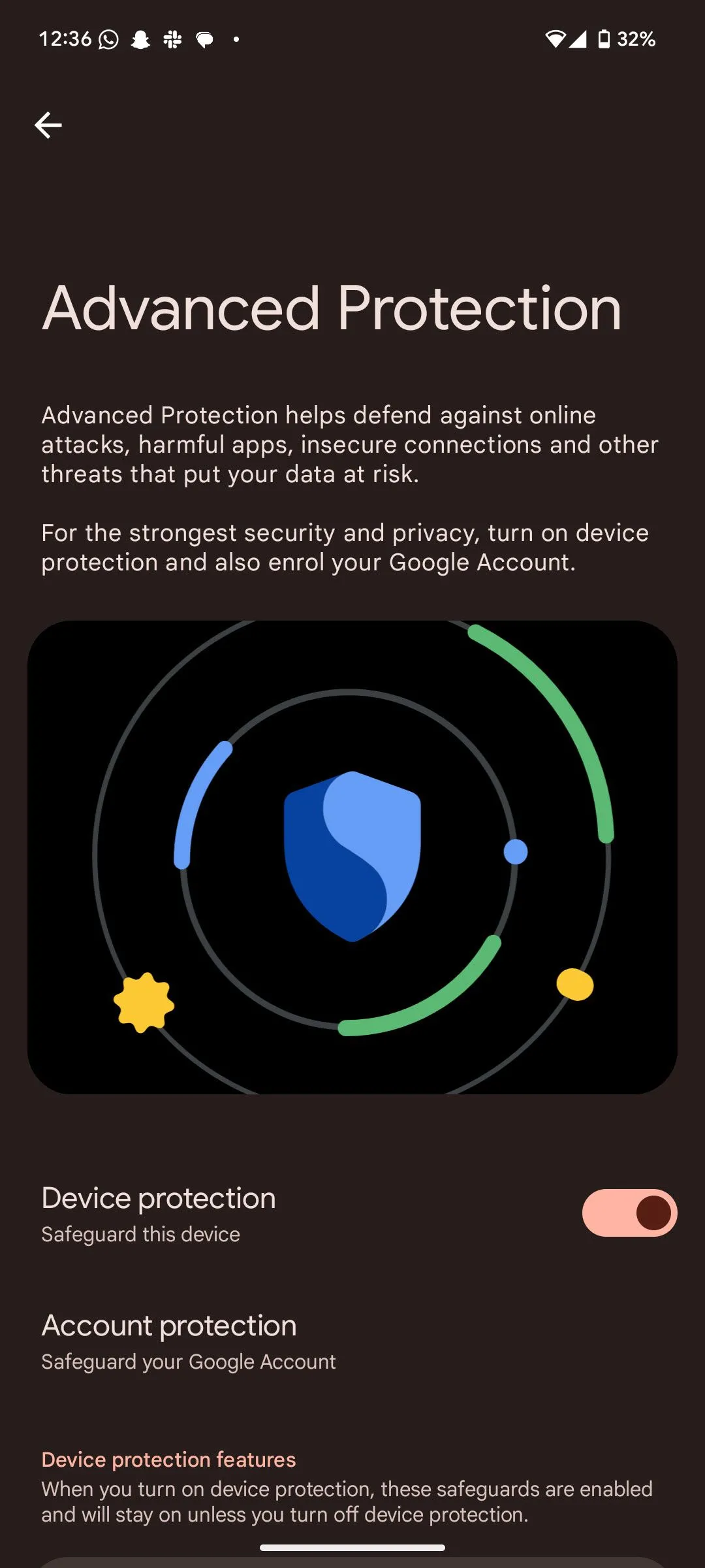 Giao diện cài đặt Advanced Protection mới giúp tăng cường bảo mật thiết bị trên Android 16