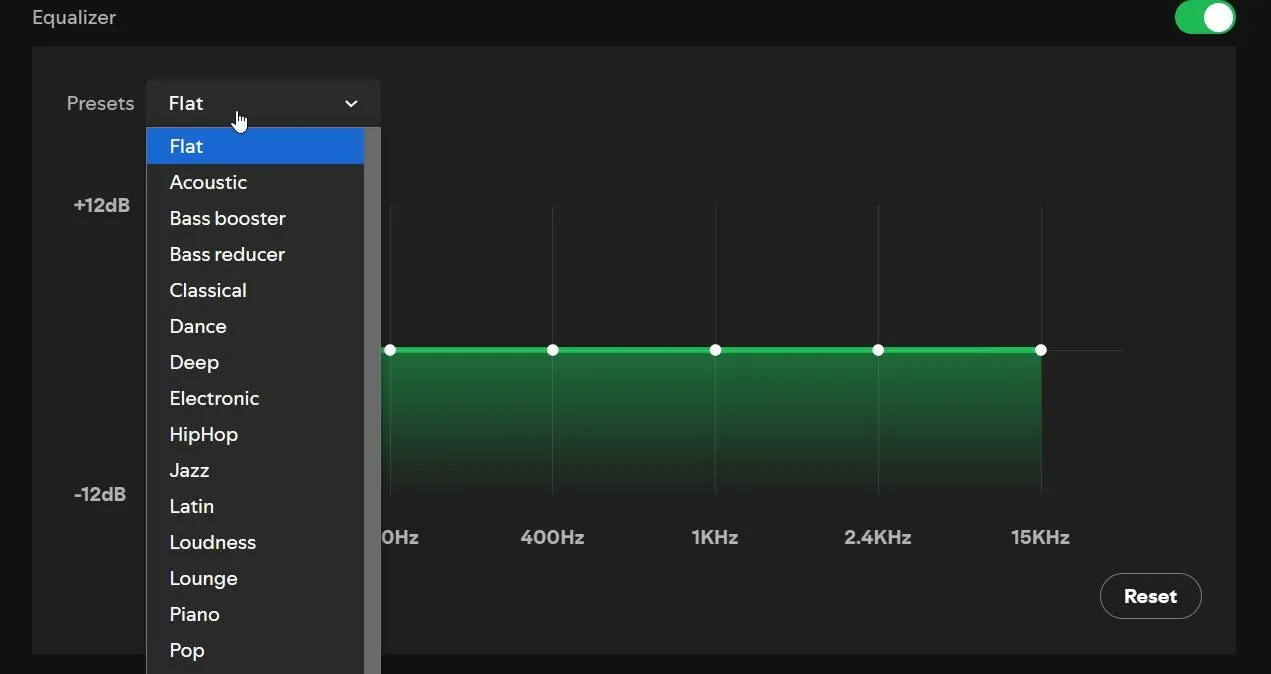 Giao diện cài đặt bộ chỉnh âm Equalizer của Spotify, cho phép điều chỉnh tần số âm thanh.