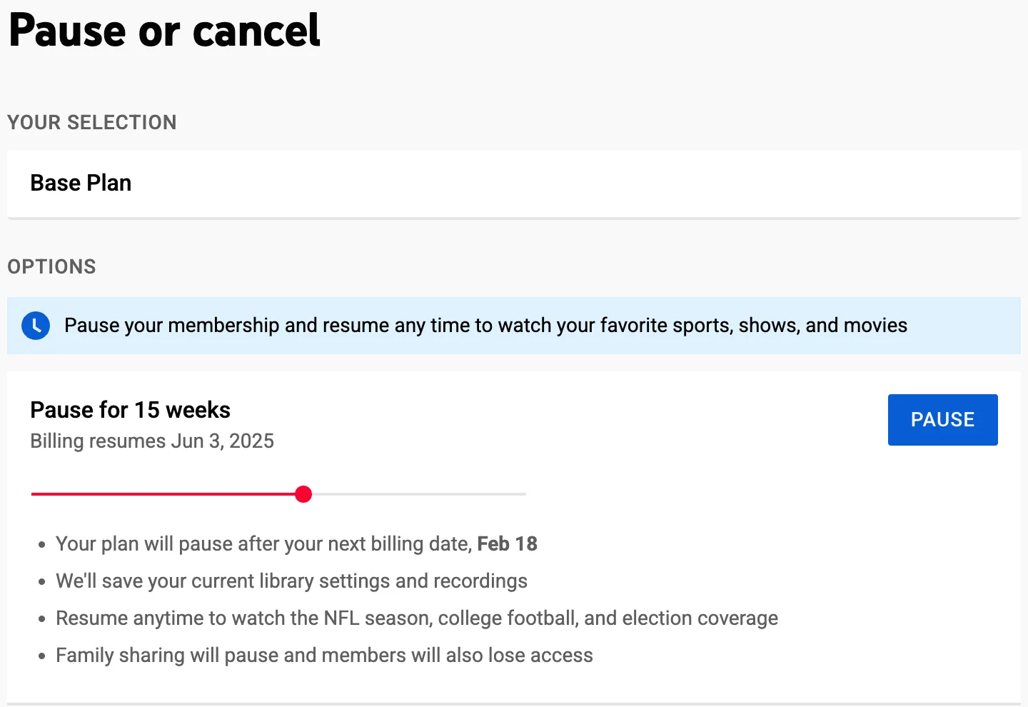 Giao diện cài đặt cho phép tạm dừng đăng ký YouTube TV tối đa sáu tháng, giúp tối ưu chi phí.