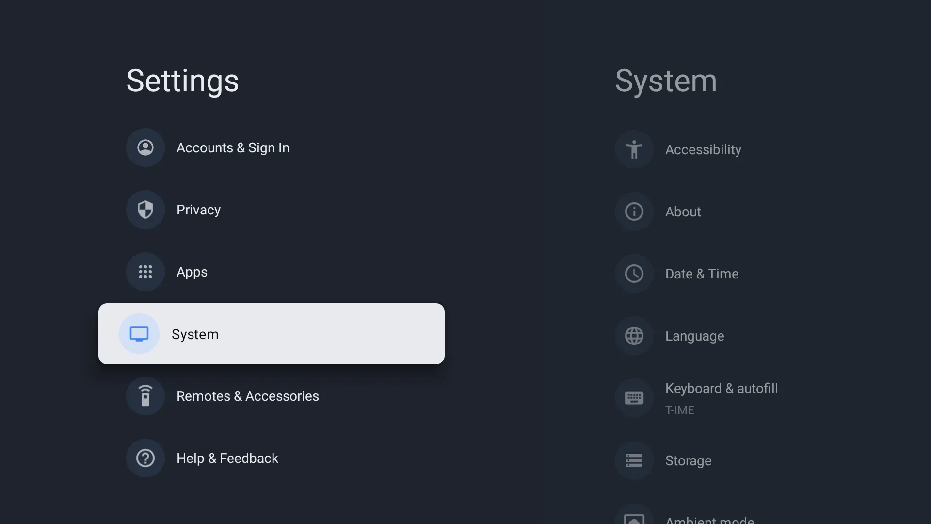 Giao diện cài đặt của Google TV với mục 'Hệ thống' (System) đang được chọn, mở ra các tùy chọn con liên quan đến lưu trữ.